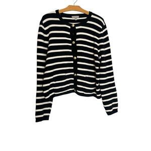 J.Crew Emilie Patch Pocket Sweater Cardigan Lady Jacket Black Ivory Stripe XL